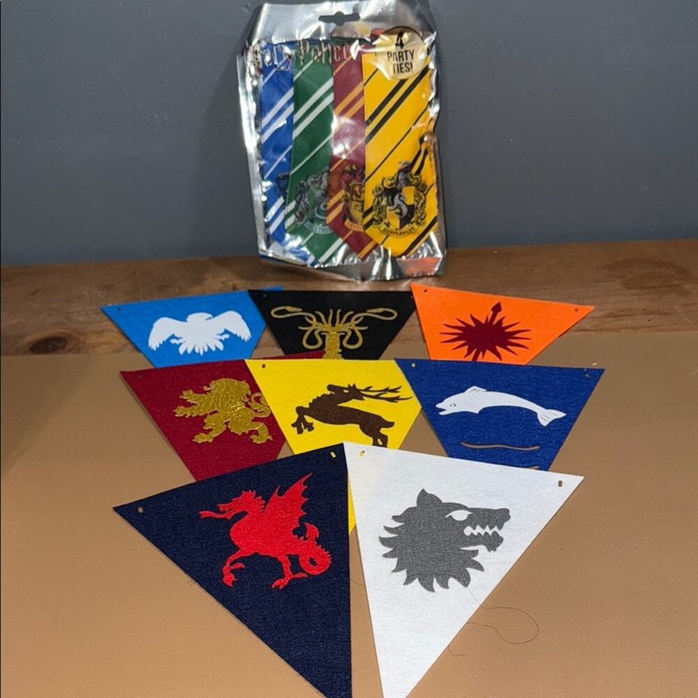 Harry Potter set of 4 party ties and set of 8 decorative party flags whimsical